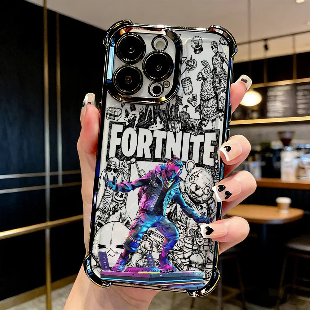 Популярен калъф за телефон с FortniteS дизайн и метализирано покритие за iPhone 17 17e 16e 16 15 14 13 12 11 Pro Max X XR XSMax 7 8 Mini Air Plus, против падане