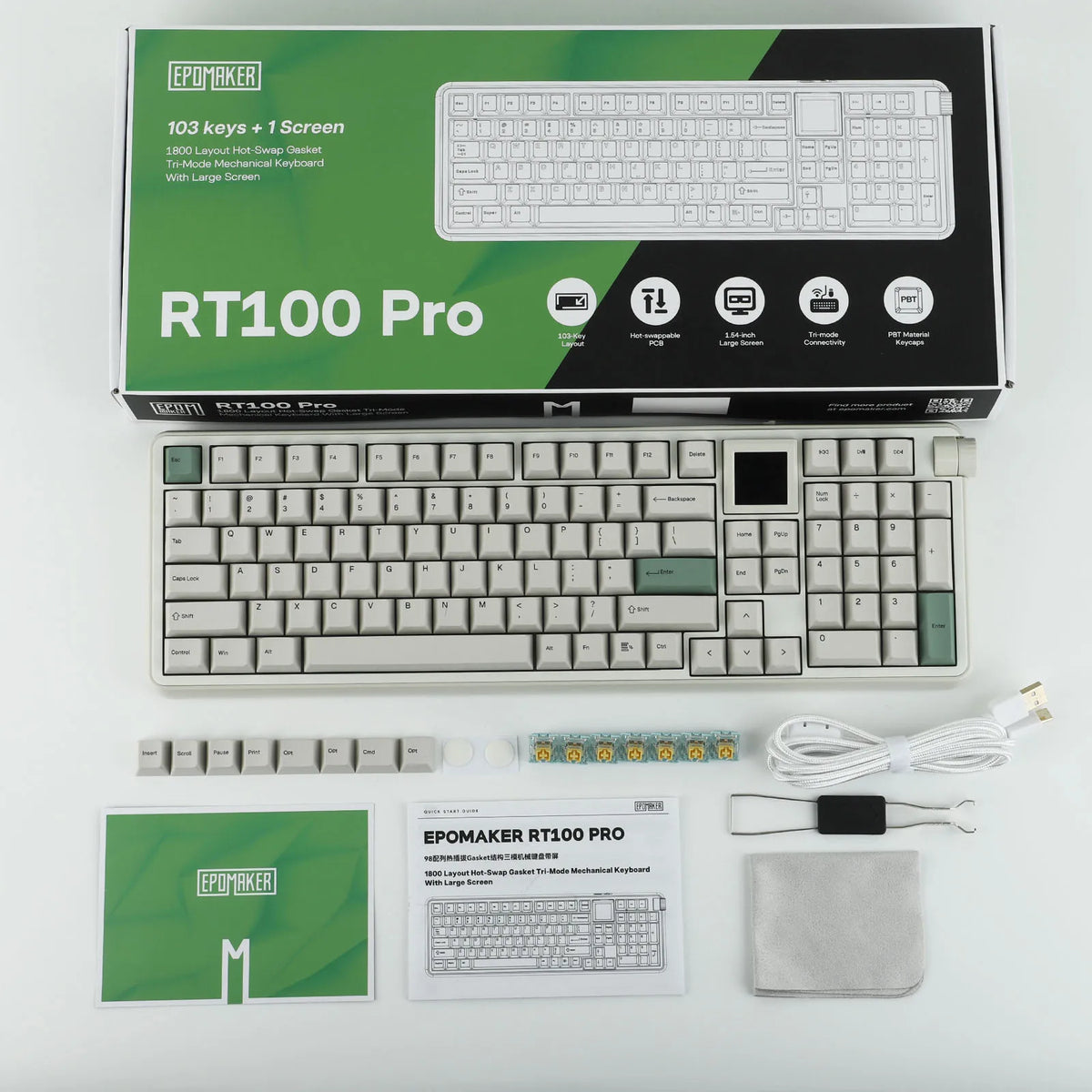 EPOMAKER RT100 PRO 100 % ANSI US -asettelu, tiiviste, langallinen/Bluetooth/2,4 GHz langaton mekaaninen näppäimistö, 1,54 tuuman näyttö ja äänenvoimakkuuden säätönuppi