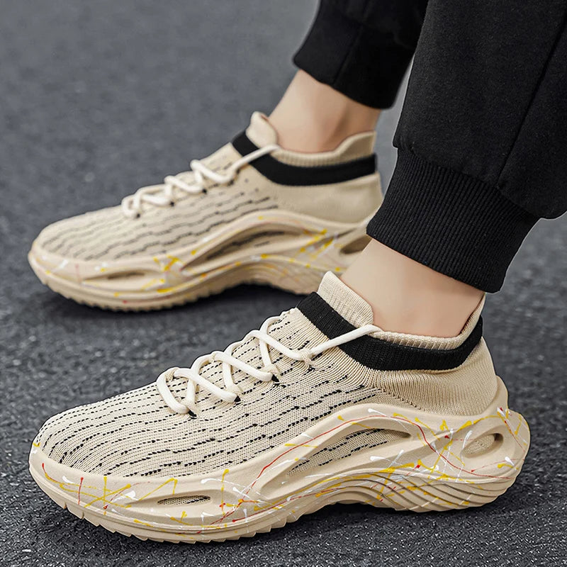 Sapatilhas desportivas para homem em malha leve e macia, sola espessa antiderrapante, estilo ténis, nova moda de primavera, com atacadores, para fitness ao ar livre e corrida