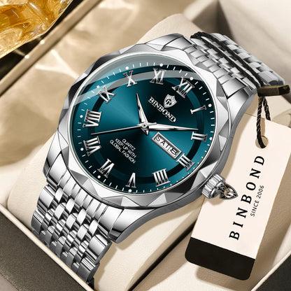 Montre-bracelet de luxe à quartz BINBOND Original Brand pour homme, lumineuse, étanche, date automatique, affichage du jour de la semaine, style décontracté.