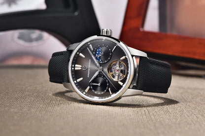 PAGANI DESIGN – Ceas mecanic de lux pentru bărbați, 41 mm, sticlă de safir, curea din piele, rezistent la apă, stil pilot, cu turbilion și fază lunară