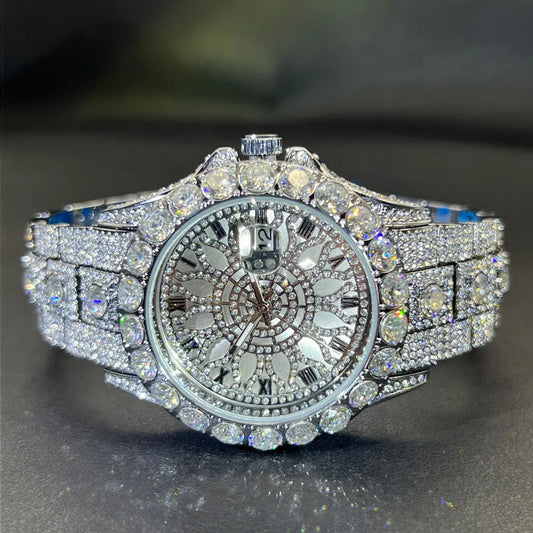 MISSFOX Fashion lced Out Silver Mens Watch Luxury Calendar Waterproof Watch For Man Hip Hop High Quality Big Diamond Wristwatch