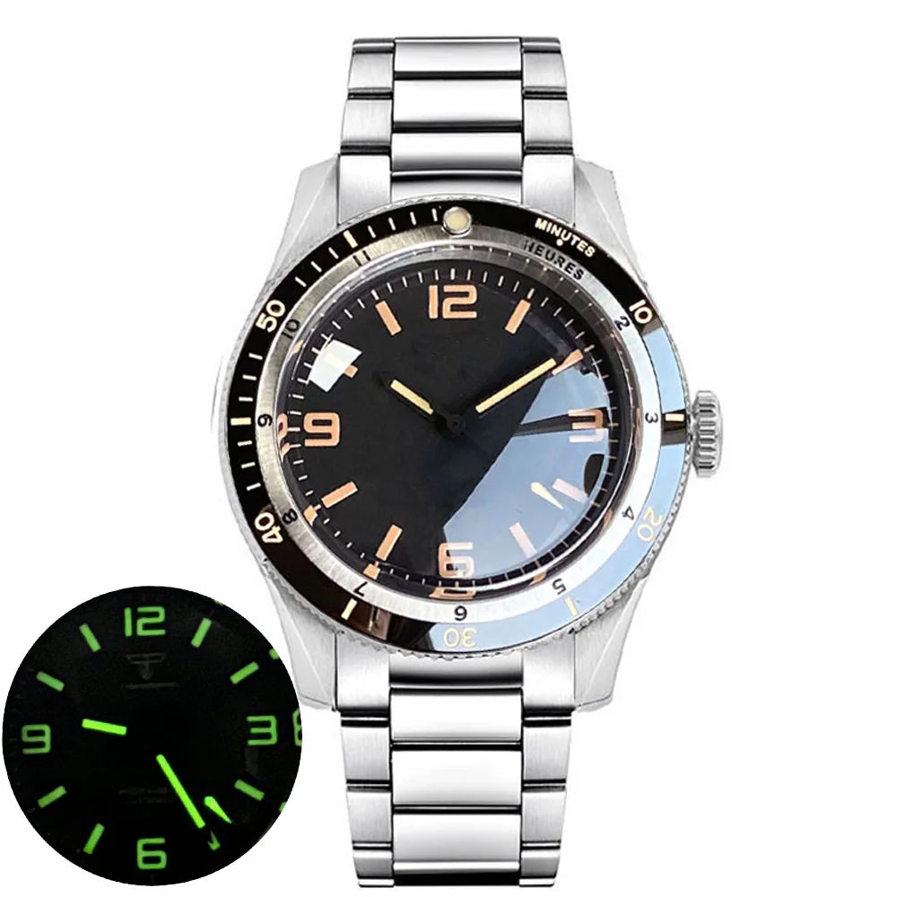 Tandorio NH35A PT5000 Mechanical Men's Watch 20BAR Waterproof Sapphire Luminous Red Black Dial Stainless Steel Bracelet New Clock