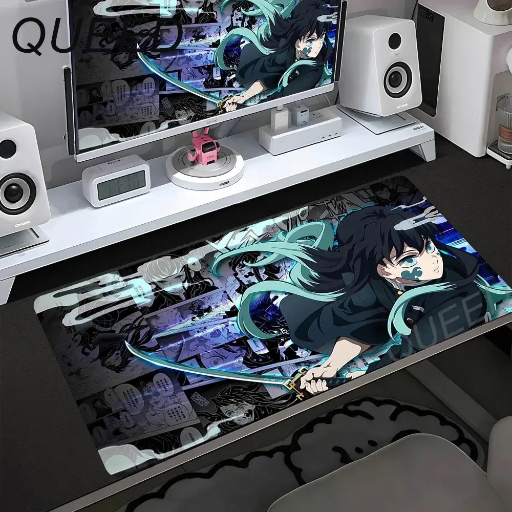 Tapete de Secretária para Computador e Teclado, Tapete de Rato Anime com Rapariga Kawaii, 900x400mm, Borracha Antiderrapante, Demon Slayers XL