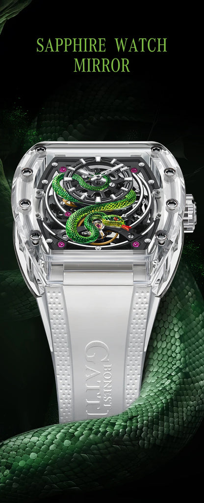 BONEST GATTI Men Mechanical Watch Sapphire Crystal Double Sided Hollow Out Luminous 30M Waterproof Snake Pattern Dial Wristwatch