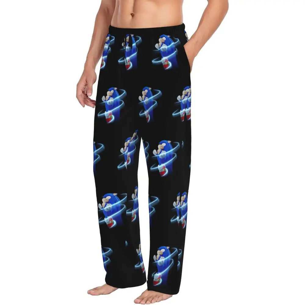 Pantalones de pijama personalizados para hombre con estampado «Soniced», con motivo de erizo, ropa de dormir, pantalones de estar por casa con bolsillos