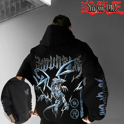 Sudadera con capucha ancha para hombre, de otoño/invierno, gruesa, estilo Y2K, con estampado del personaje clásico del anime Yu-Gi-Oh: el Dragón Blanco de Ojos Azules, ideal para Halloween y cosplay.