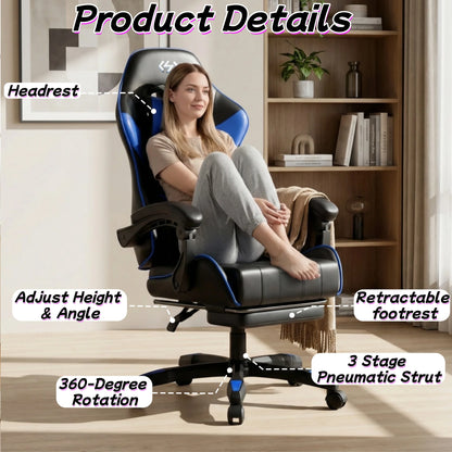 Ergonomic Gaming Chair, Computer Office Chair with Footrest Headrest, Adjustable Height & Backrest Office Chair for Adult