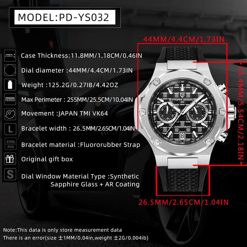 PAGANI DESIGN PD-YS032 Men's Quartz Watch 44mm Japan VK64 Movement Stainless Steel Case Rubber Strap Sapphire Glass 100M Waterproof