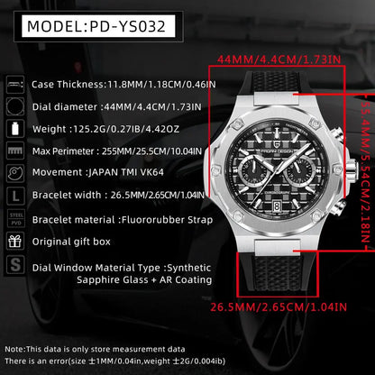 PAGANI DESIGN PD-YS032 Men's Quartz Watch 44mm Japan VK64 Movement Stainless Steel Case Rubber Strap Sapphire Glass 100M Waterproof