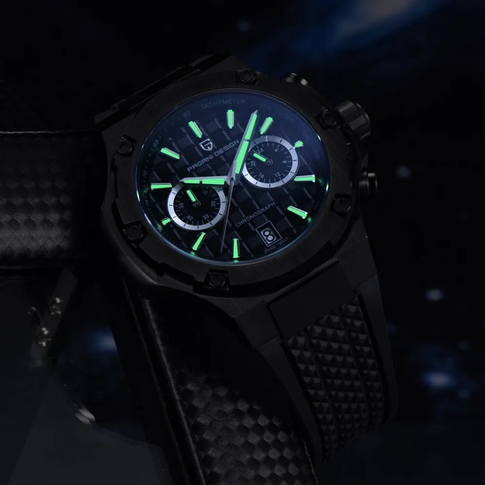 PAGANI DESIGN PD-YS032 Men's Quartz Watch 44mm Japan VK64 Movement Stainless Steel Case Rubber Strap Sapphire Glass 100M Waterproof