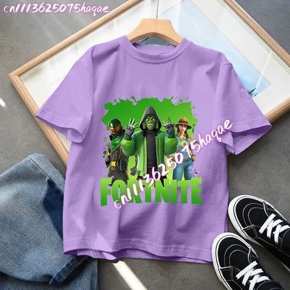 T-shirts Fortnite para Criança com Figuras Anime Estampadas, Tops de Desenho Animado Fortress Night, Roupa de Verão para Meninas, Manga Curta, Pullover Tees