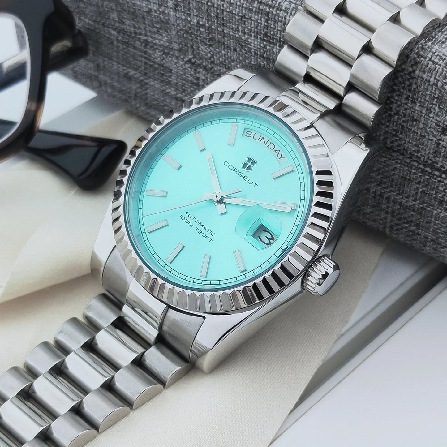 CORGEUT NH36 Mechanical Men's Watch Date of the Week Show President Chain Strap Steel Case Watch Threaded Arc Bezel waterp