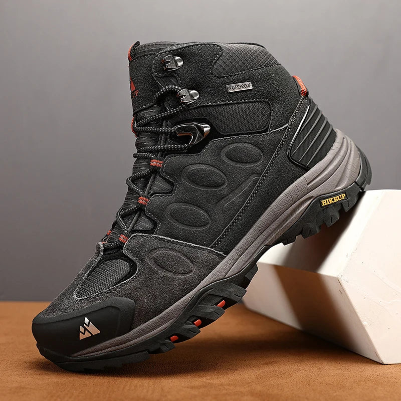 Botas de caminhada de cano alto para homem HIKEUP, calçado de inverno para exterior, com atacadores, antiderrapante, desportivo e casual, botas de trekking em camurça, quentes para homem