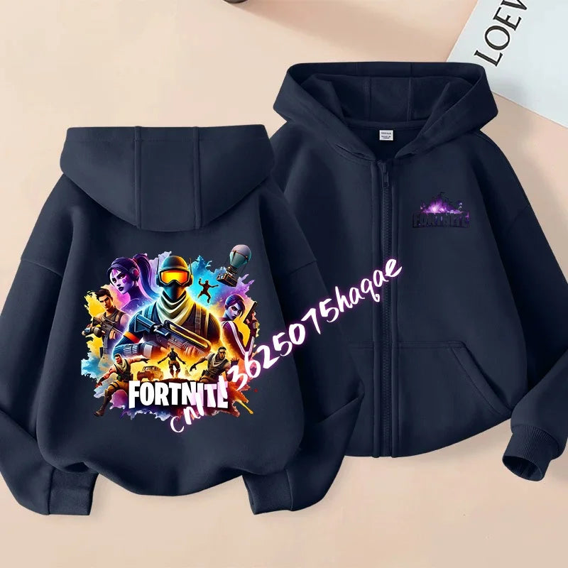 Casacos com capuz e fecho para criança Fortnites, sweatshirts Anime Fortress Night, sweatshirts gaming de primavera/outono, roupa desportiva infantil, presente