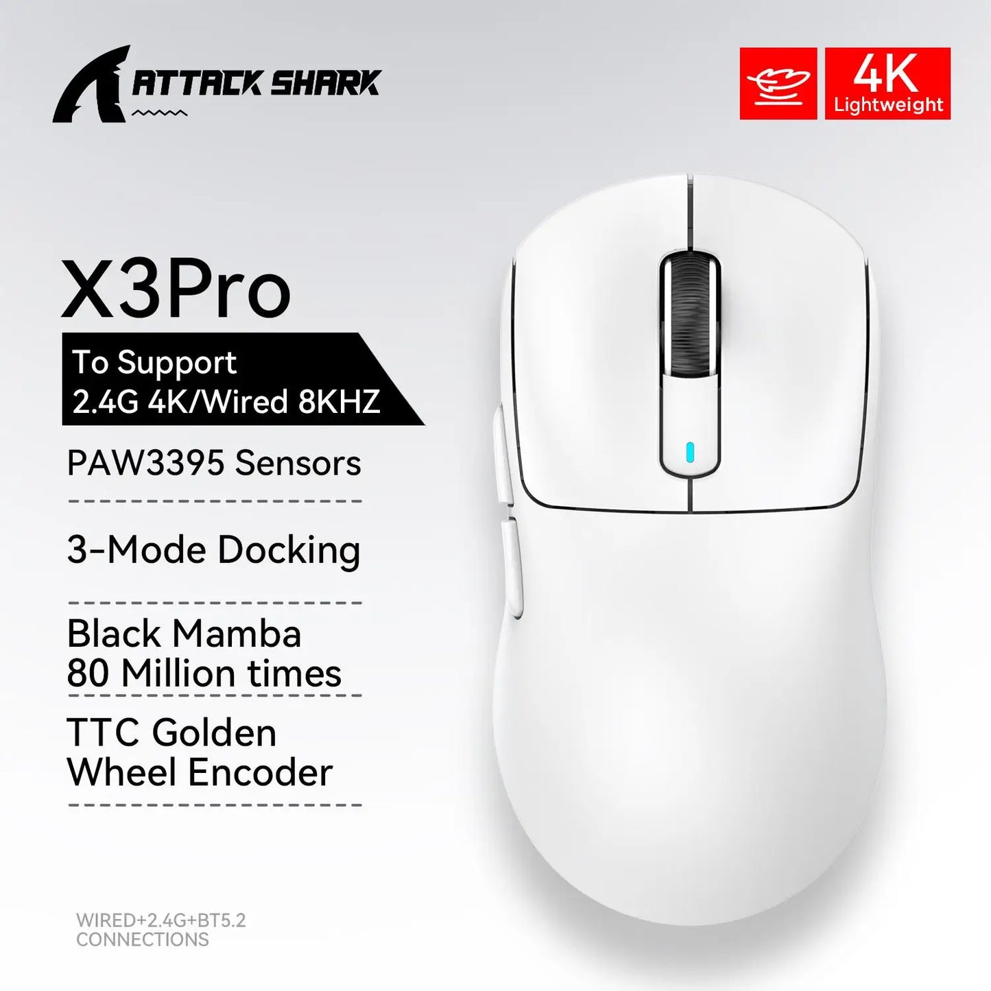 X3 Gaming Mouse Wireless ATTACK SHARK, punainen, 4K-palautusnopeus, Bluetooth Tri-Mode -yhteys, PAW3395, makroilla varustettu Bluetooth-pelihiiri